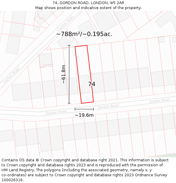 74, GORDON ROAD, LONDON, W5 2AR: Plot and title map