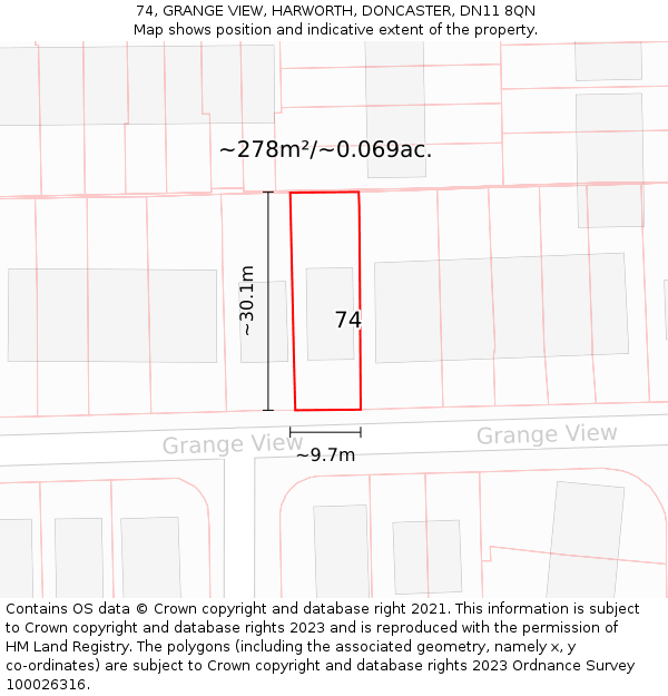 74, GRANGE VIEW, HARWORTH, DONCASTER, DN11 8QN: Plot and title map