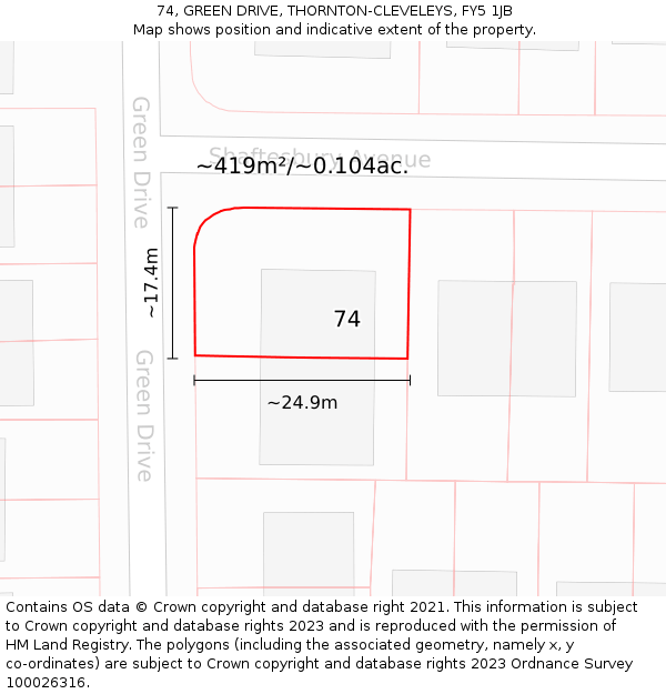 74, GREEN DRIVE, THORNTON-CLEVELEYS, FY5 1JB: Plot and title map