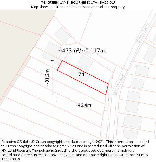 74, GREEN LANE, BOURNEMOUTH, BH10 5LF: Plot and title map