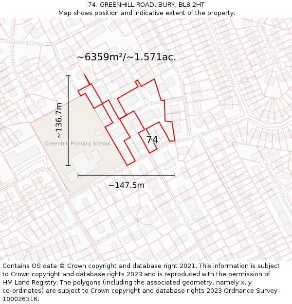 74, GREENHILL ROAD, BURY, BL8 2HT: Plot and title map