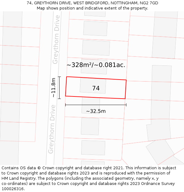 74, GREYTHORN DRIVE, WEST BRIDGFORD, NOTTINGHAM, NG2 7GD: Plot and title map