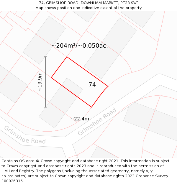 74, GRIMSHOE ROAD, DOWNHAM MARKET, PE38 9WF: Plot and title map