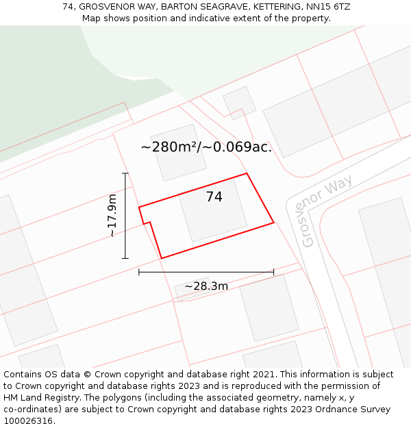 74, GROSVENOR WAY, BARTON SEAGRAVE, KETTERING, NN15 6TZ: Plot and title map