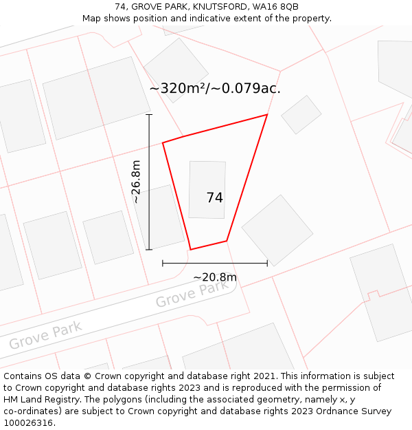 74, GROVE PARK, KNUTSFORD, WA16 8QB: Plot and title map