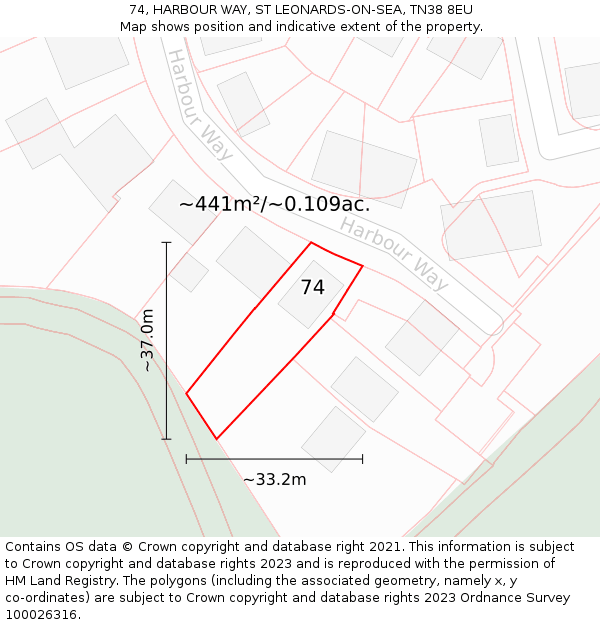 74, HARBOUR WAY, ST LEONARDS-ON-SEA, TN38 8EU: Plot and title map
