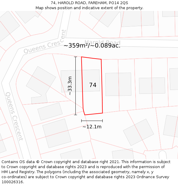 74, HAROLD ROAD, FAREHAM, PO14 2QS: Plot and title map