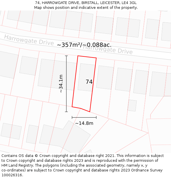 74, HARROWGATE DRIVE, BIRSTALL, LEICESTER, LE4 3GL: Plot and title map