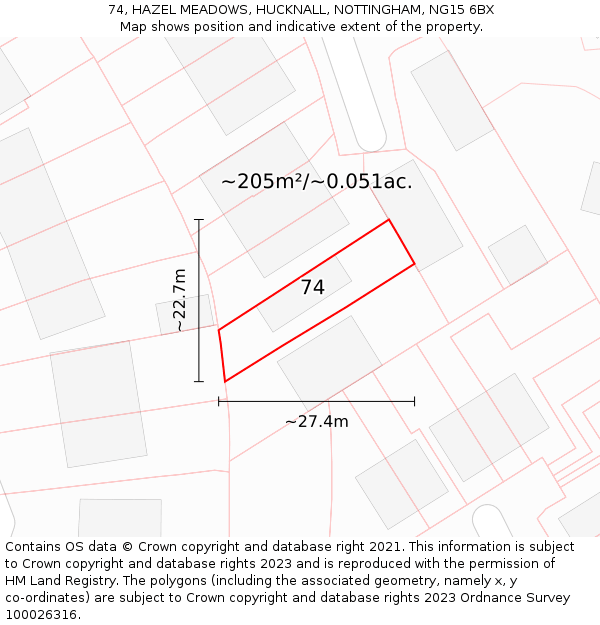 74, HAZEL MEADOWS, HUCKNALL, NOTTINGHAM, NG15 6BX: Plot and title map