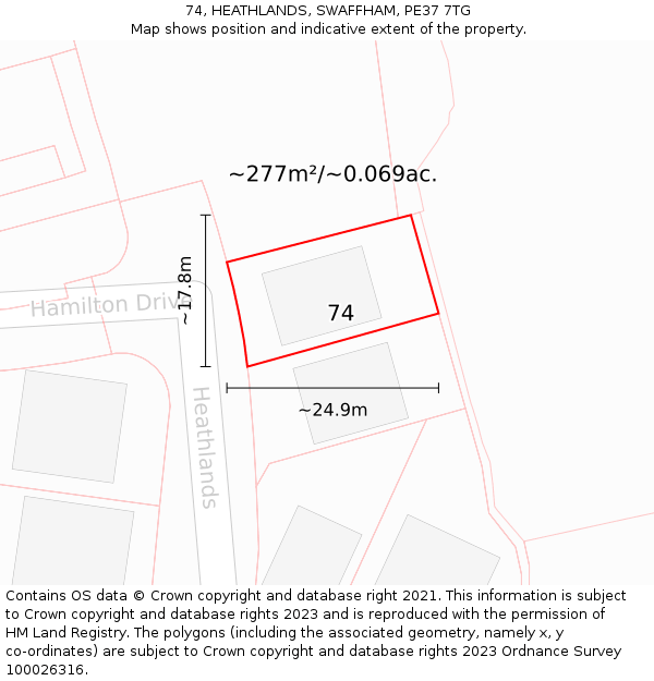 74, HEATHLANDS, SWAFFHAM, PE37 7TG: Plot and title map