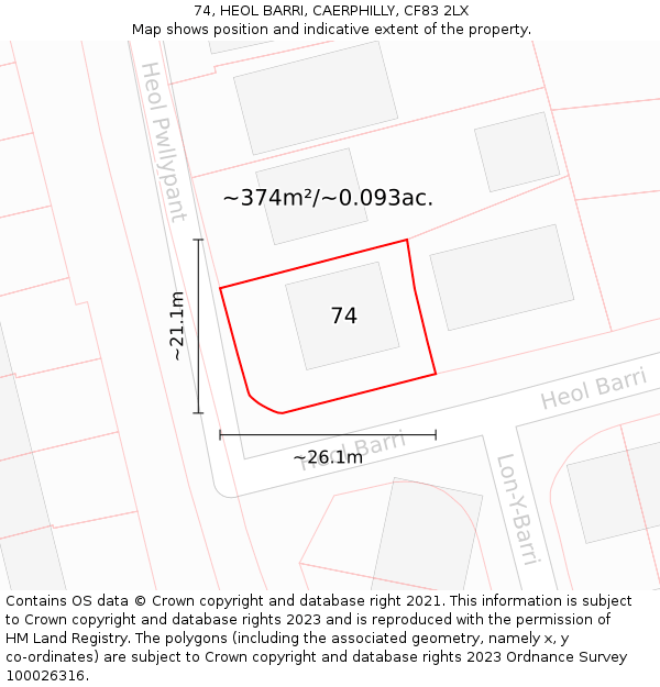 74, HEOL BARRI, CAERPHILLY, CF83 2LX: Plot and title map