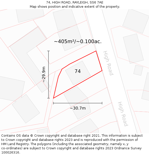 74, HIGH ROAD, RAYLEIGH, SS6 7AE: Plot and title map