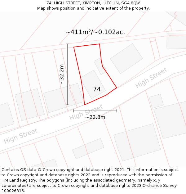 74, HIGH STREET, KIMPTON, HITCHIN, SG4 8QW: Plot and title map