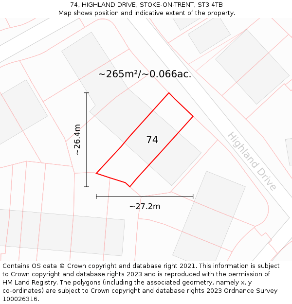 74, HIGHLAND DRIVE, STOKE-ON-TRENT, ST3 4TB: Plot and title map