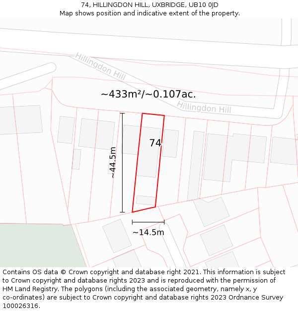 74, HILLINGDON HILL, UXBRIDGE, UB10 0JD: Plot and title map