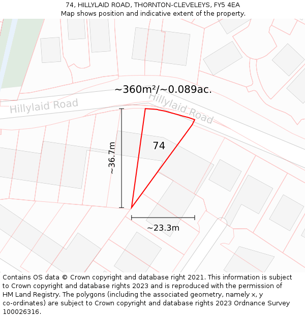 74, HILLYLAID ROAD, THORNTON-CLEVELEYS, FY5 4EA: Plot and title map