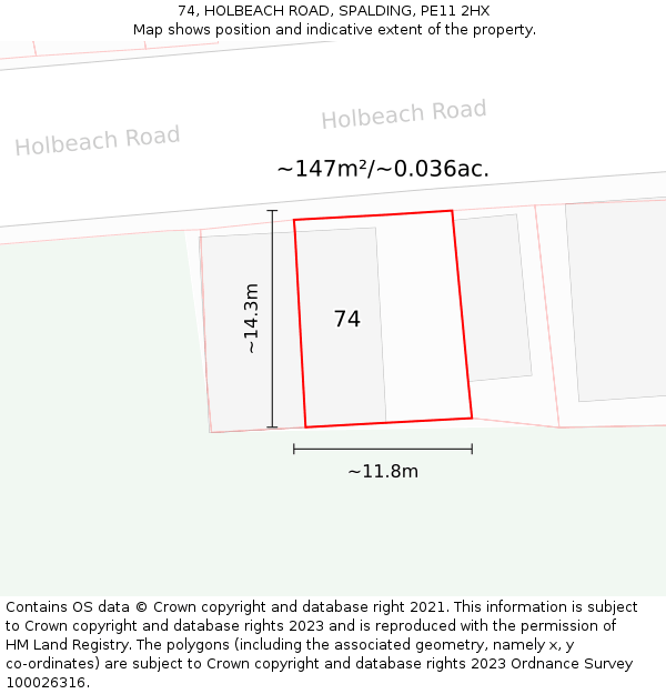 74, HOLBEACH ROAD, SPALDING, PE11 2HX: Plot and title map