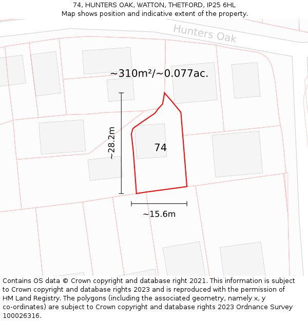 74, HUNTERS OAK, WATTON, THETFORD, IP25 6HL: Plot and title map