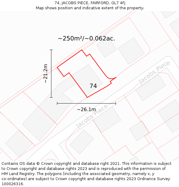 74, JACOBS PIECE, FAIRFORD, GL7 4FJ: Plot and title map