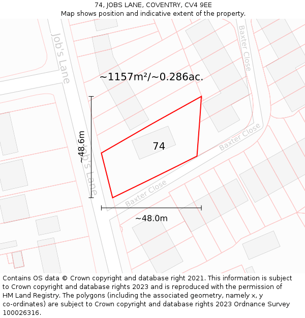 74, JOBS LANE, COVENTRY, CV4 9EE: Plot and title map