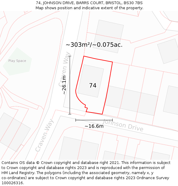 74, JOHNSON DRIVE, BARRS COURT, BRISTOL, BS30 7BS: Plot and title map
