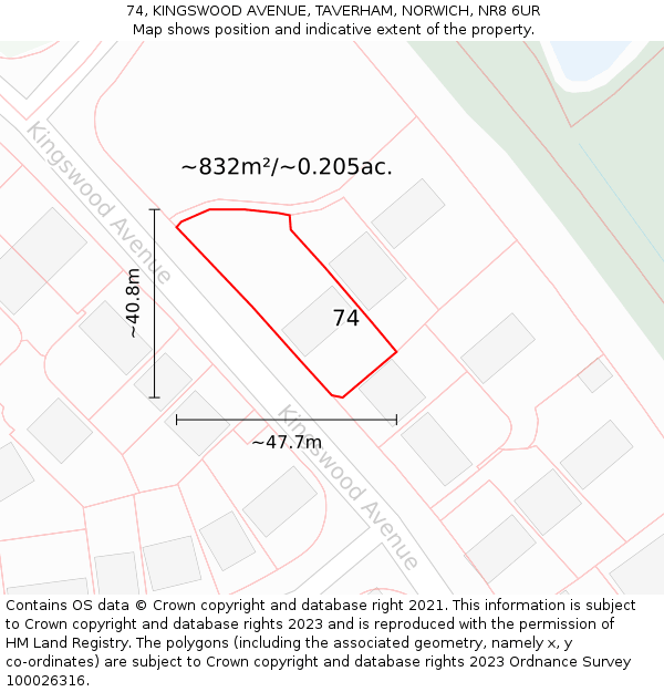 74, KINGSWOOD AVENUE, TAVERHAM, NORWICH, NR8 6UR: Plot and title map