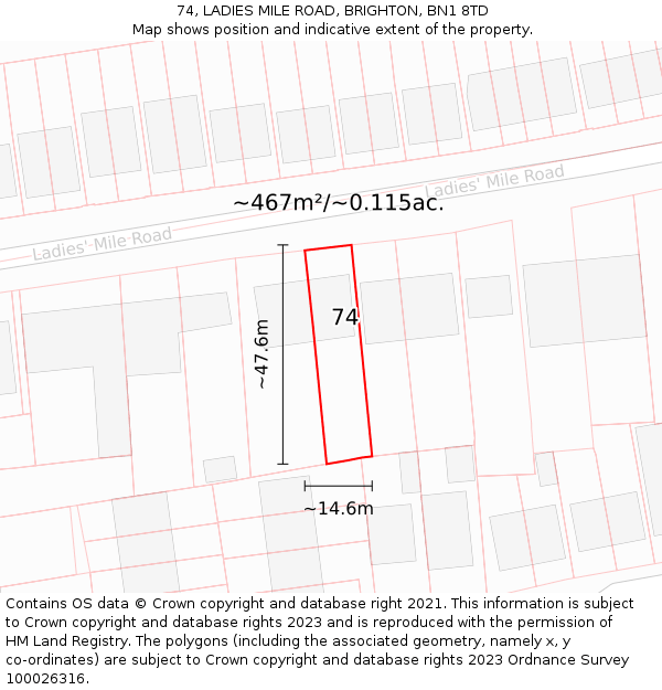 74, LADIES MILE ROAD, BRIGHTON, BN1 8TD: Plot and title map