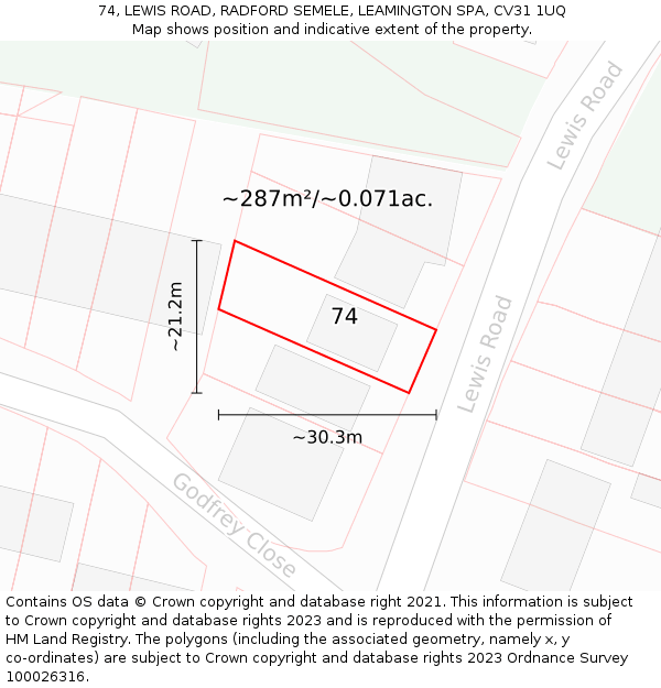 74, LEWIS ROAD, RADFORD SEMELE, LEAMINGTON SPA, CV31 1UQ: Plot and title map