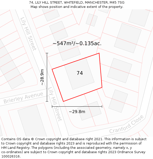 74, LILY HILL STREET, WHITEFIELD, MANCHESTER, M45 7SG: Plot and title map