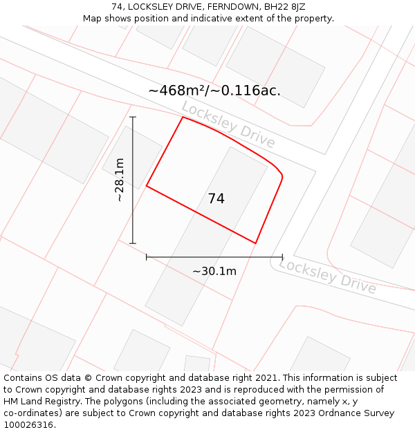 74, LOCKSLEY DRIVE, FERNDOWN, BH22 8JZ: Plot and title map