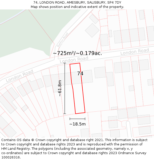 74, LONDON ROAD, AMESBURY, SALISBURY, SP4 7DY: Plot and title map