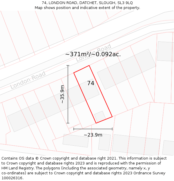 74, LONDON ROAD, DATCHET, SLOUGH, SL3 9LQ: Plot and title map