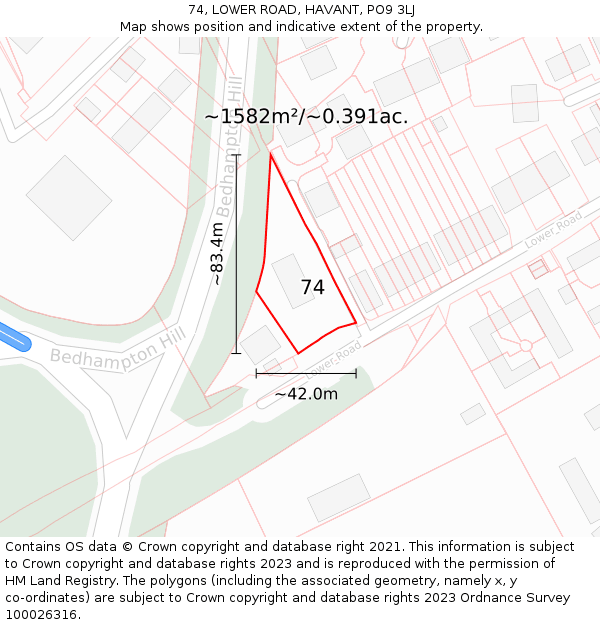 74, LOWER ROAD, HAVANT, PO9 3LJ: Plot and title map