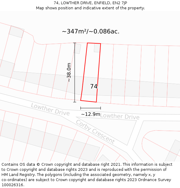 74, LOWTHER DRIVE, ENFIELD, EN2 7JP: Plot and title map