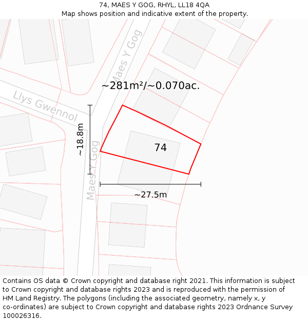 74, MAES Y GOG, RHYL, LL18 4QA: Plot and title map