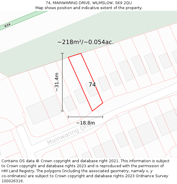 74, MAINWARING DRIVE, WILMSLOW, SK9 2QU: Plot and title map