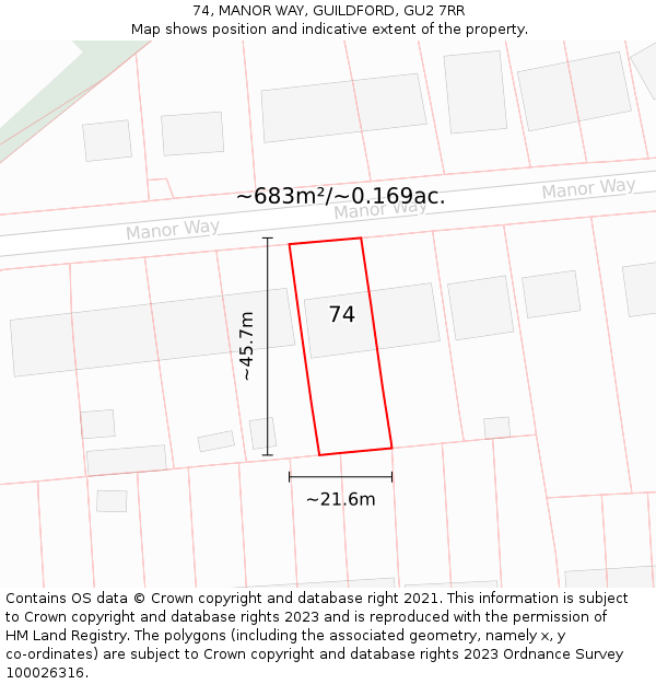 74, MANOR WAY, GUILDFORD, GU2 7RR: Plot and title map