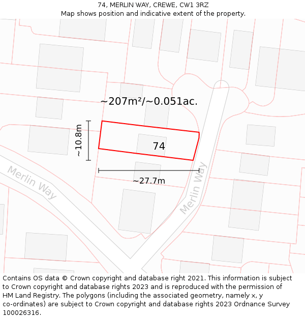 74, MERLIN WAY, CREWE, CW1 3RZ: Plot and title map