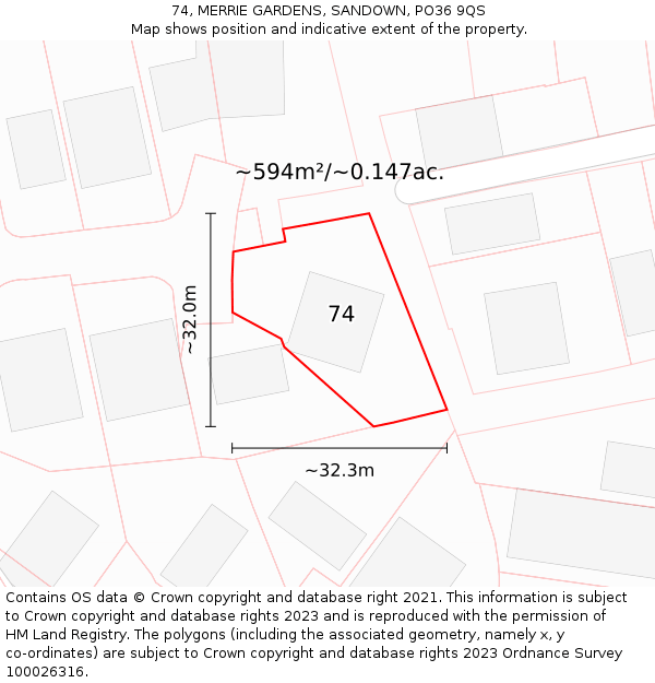 74, MERRIE GARDENS, SANDOWN, PO36 9QS: Plot and title map