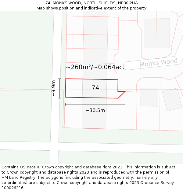 74, MONKS WOOD, NORTH SHIELDS, NE30 2UA: Plot and title map