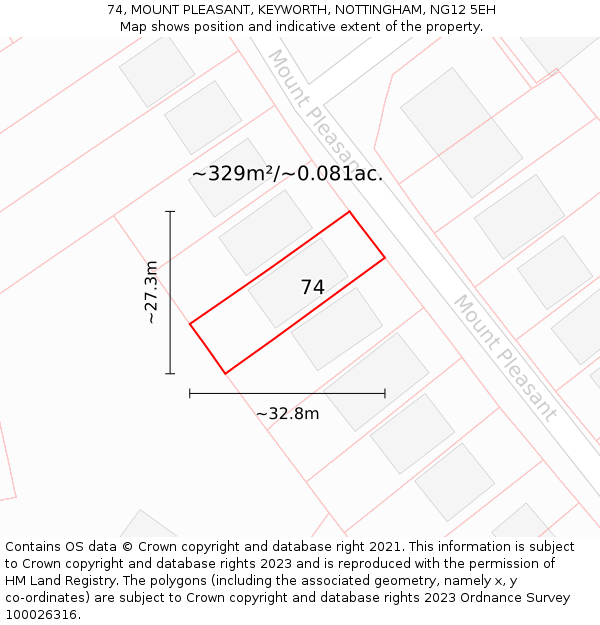 74, MOUNT PLEASANT, KEYWORTH, NOTTINGHAM, NG12 5EH: Plot and title map