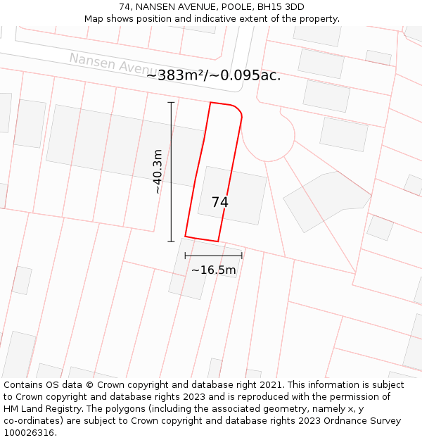 74, NANSEN AVENUE, POOLE, BH15 3DD: Plot and title map