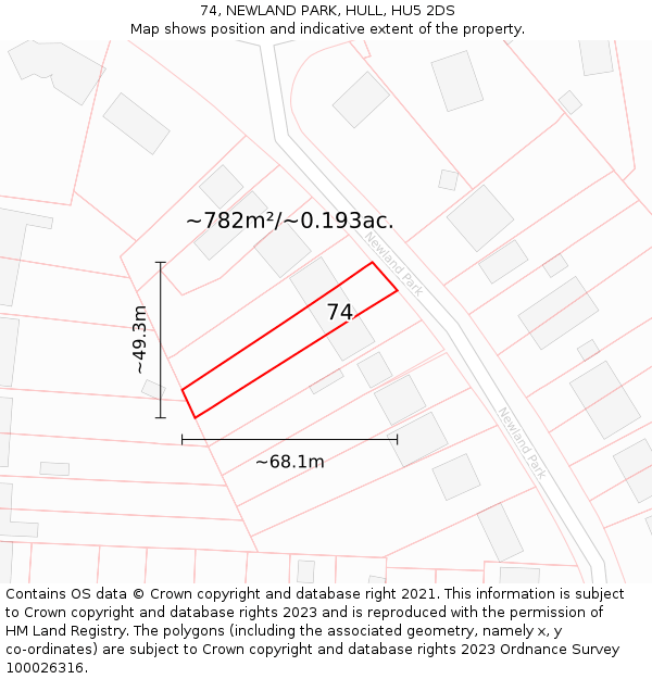 74, NEWLAND PARK, HULL, HU5 2DS: Plot and title map