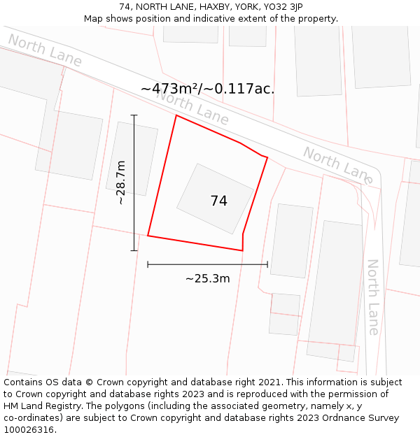 74, NORTH LANE, HAXBY, YORK, YO32 3JP: Plot and title map