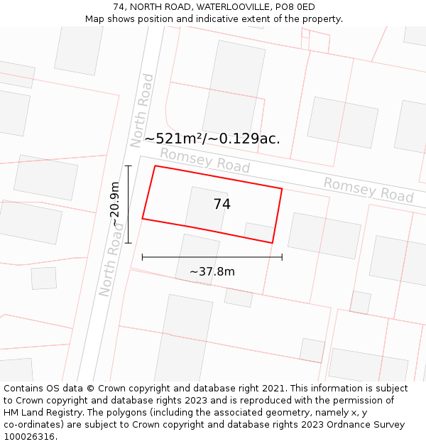 74, NORTH ROAD, WATERLOOVILLE, PO8 0ED: Plot and title map