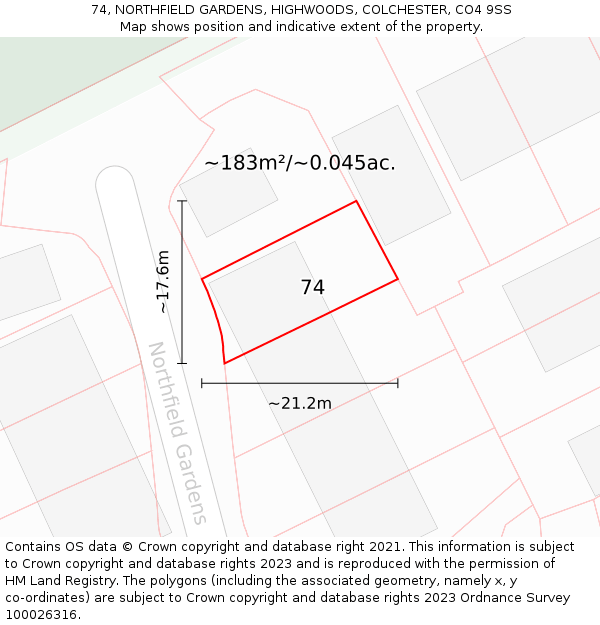 74, NORTHFIELD GARDENS, HIGHWOODS, COLCHESTER, CO4 9SS: Plot and title map