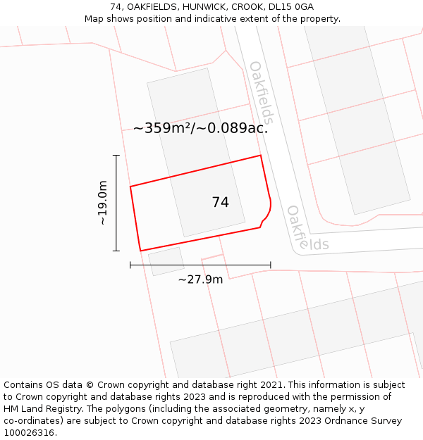 74, OAKFIELDS, HUNWICK, CROOK, DL15 0GA: Plot and title map