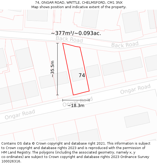 74, ONGAR ROAD, WRITTLE, CHELMSFORD, CM1 3NX: Plot and title map