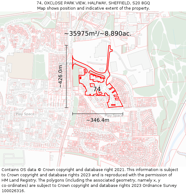 74, OXCLOSE PARK VIEW, HALFWAY, SHEFFIELD, S20 8GQ: Plot and title map