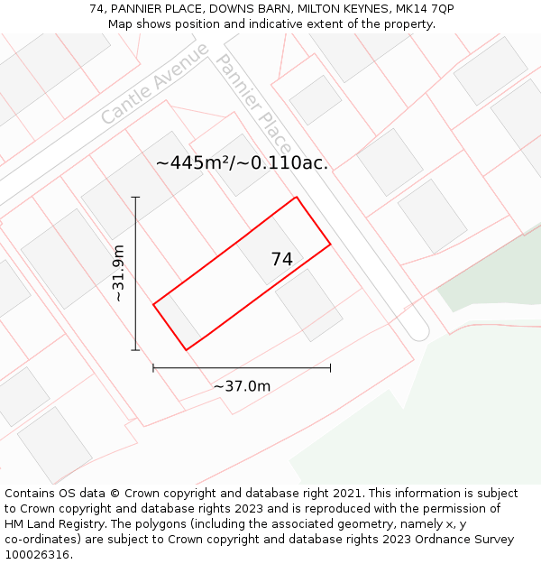 74, PANNIER PLACE, DOWNS BARN, MILTON KEYNES, MK14 7QP: Plot and title map